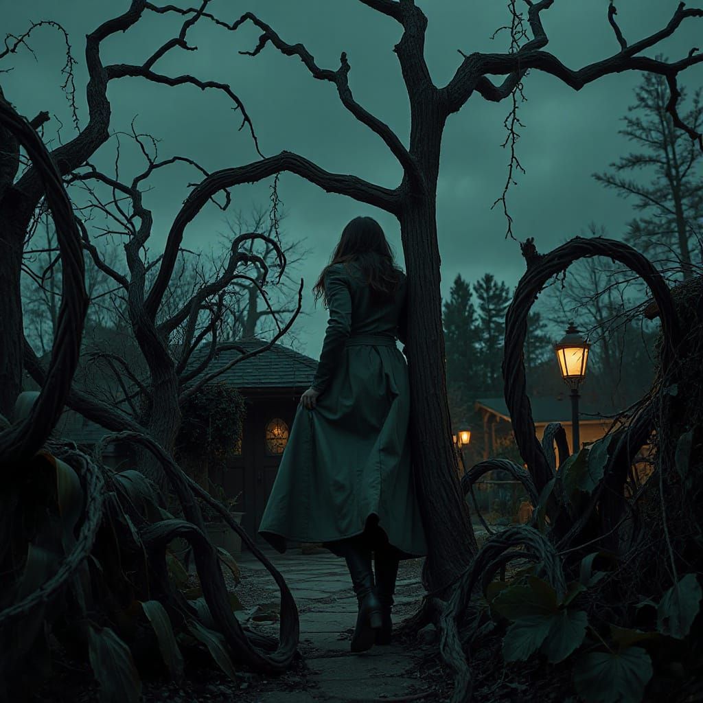 Eerie Garden Wanderer in Digital Art Style