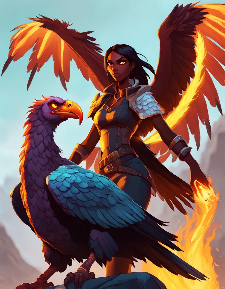 Fiery Female Demon with Flaming Vulture, Gaming Theme