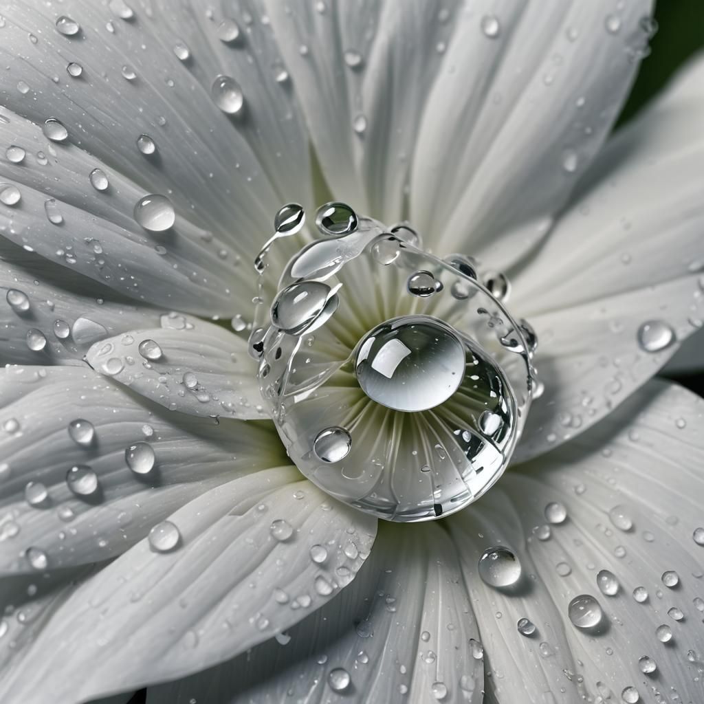 Water Droplet on White Petal: Hyperrealistic Close-Up