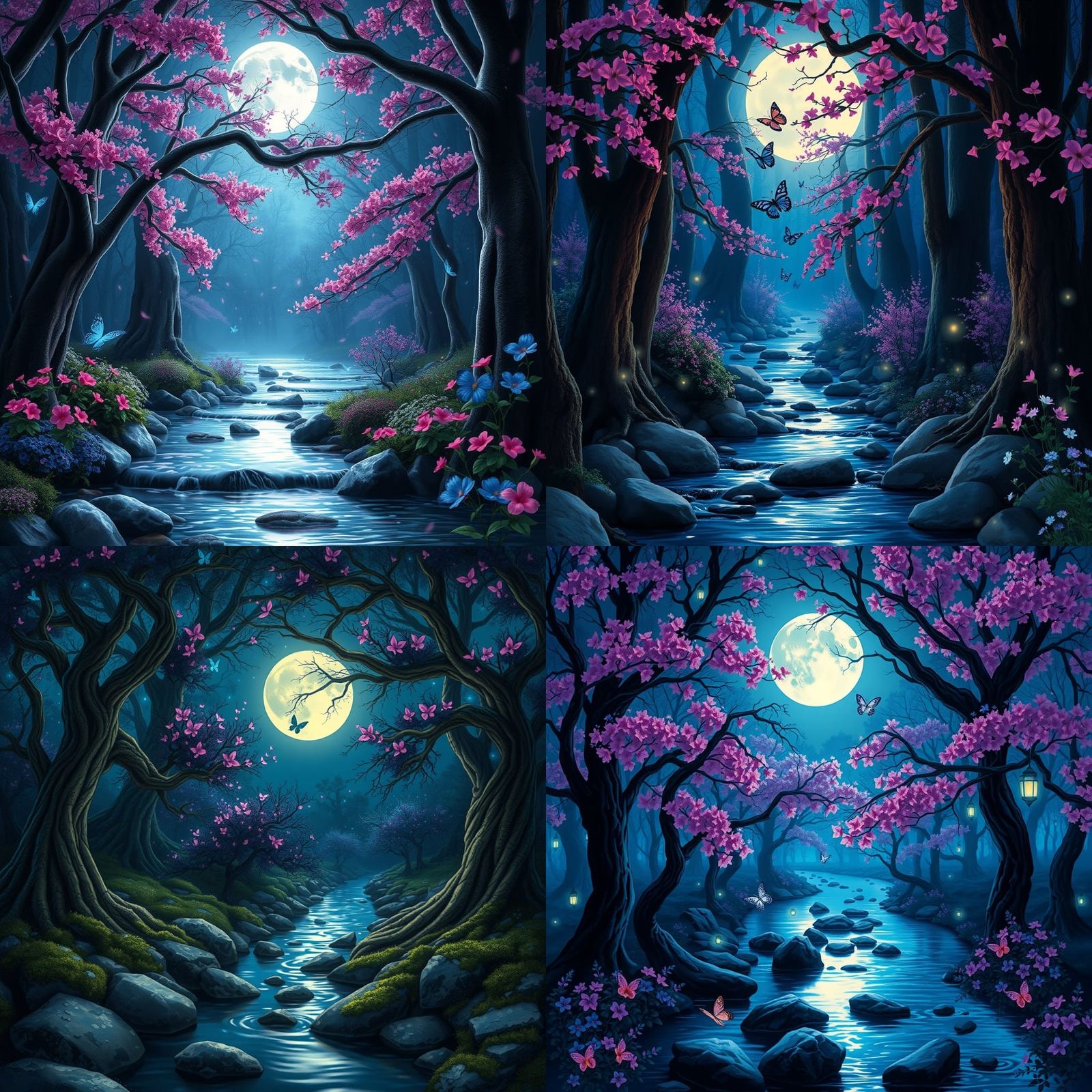 Enchanted Nocturnal Forest with Moonlit Stream