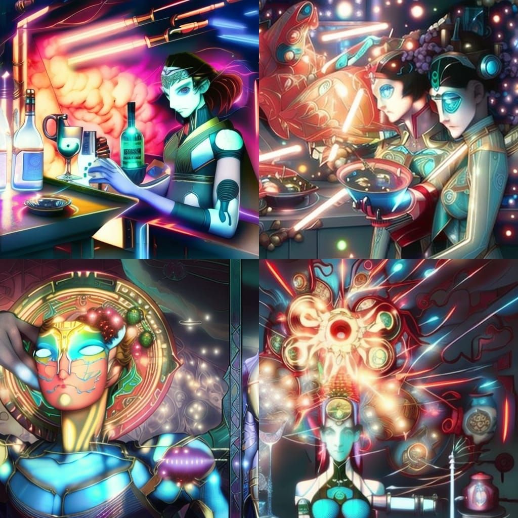 Cyborg Bartender in Sci-Fi Neoclassical Cyberpunk Scene