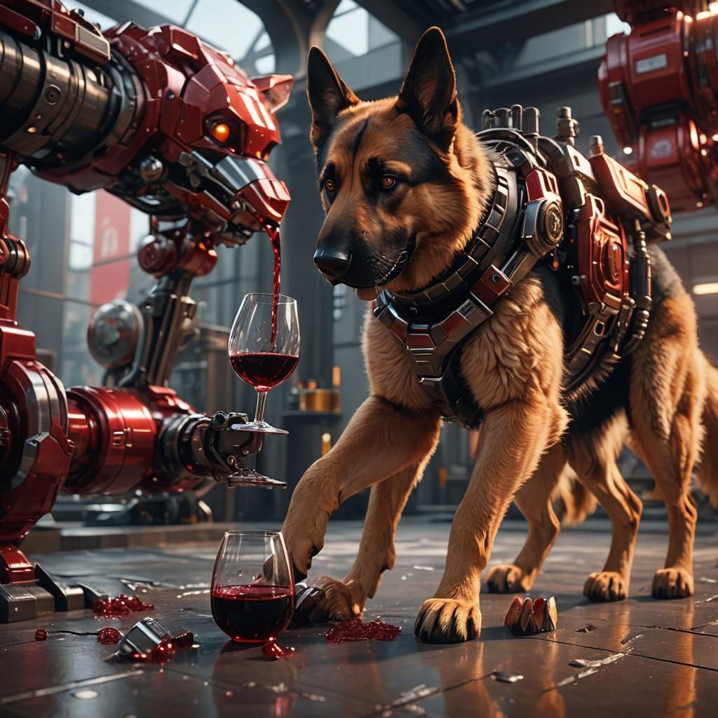 German Shepherd and Giant Cat Share Wine in Sci-Fi Style