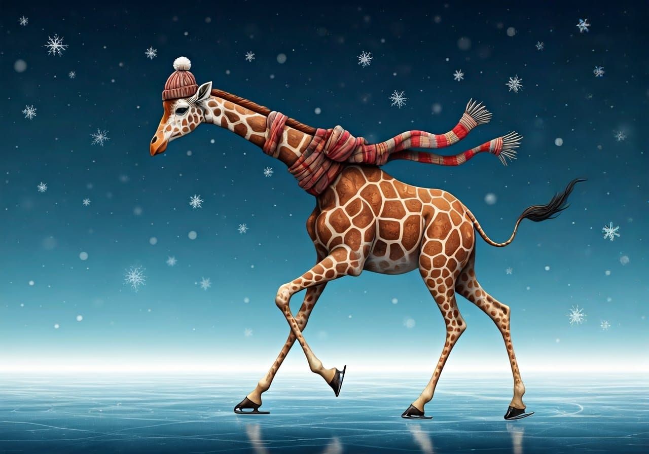 Giraffe Ice Skates in a Whimsical Winter Wonderland