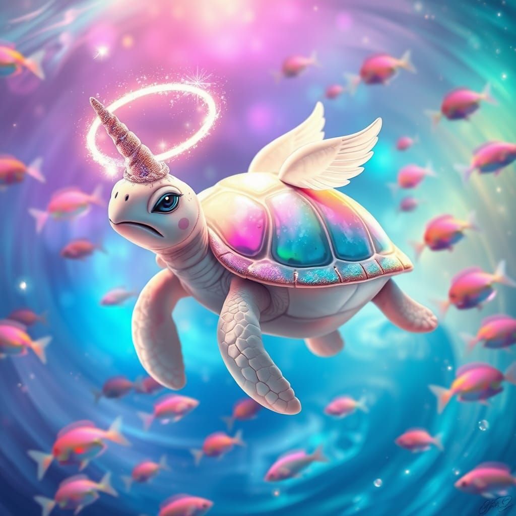 Whimsical Turtle with Unicorn Horn and Saturn Halo