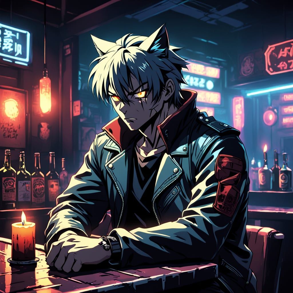 Cyberpunk Feline Outcast Sits Alone in Noir Bar
