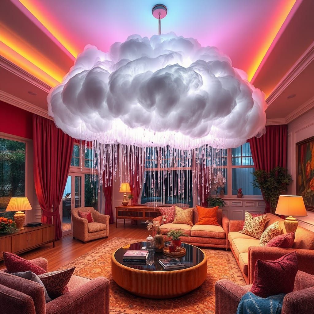 Hyper-Maximalist Dreamscape: Suspended Rain Cloud and LED Ra...