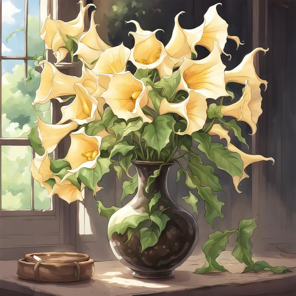 Angel Trumpet Flowers in Anime Style