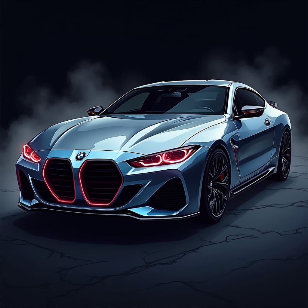 Sleek Silver Sports Car in Cyber-Streetwear Comic Style