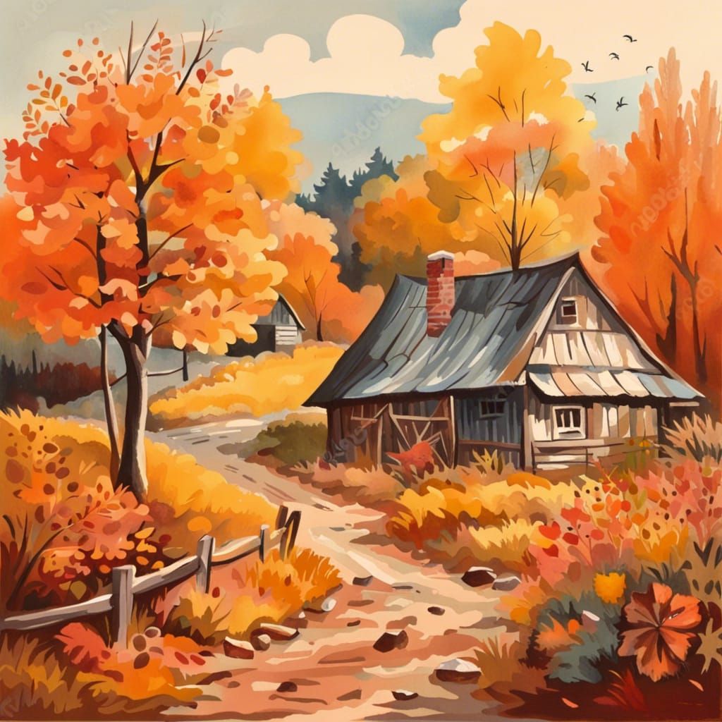 Rustic Autumn Landscape in Gouache
