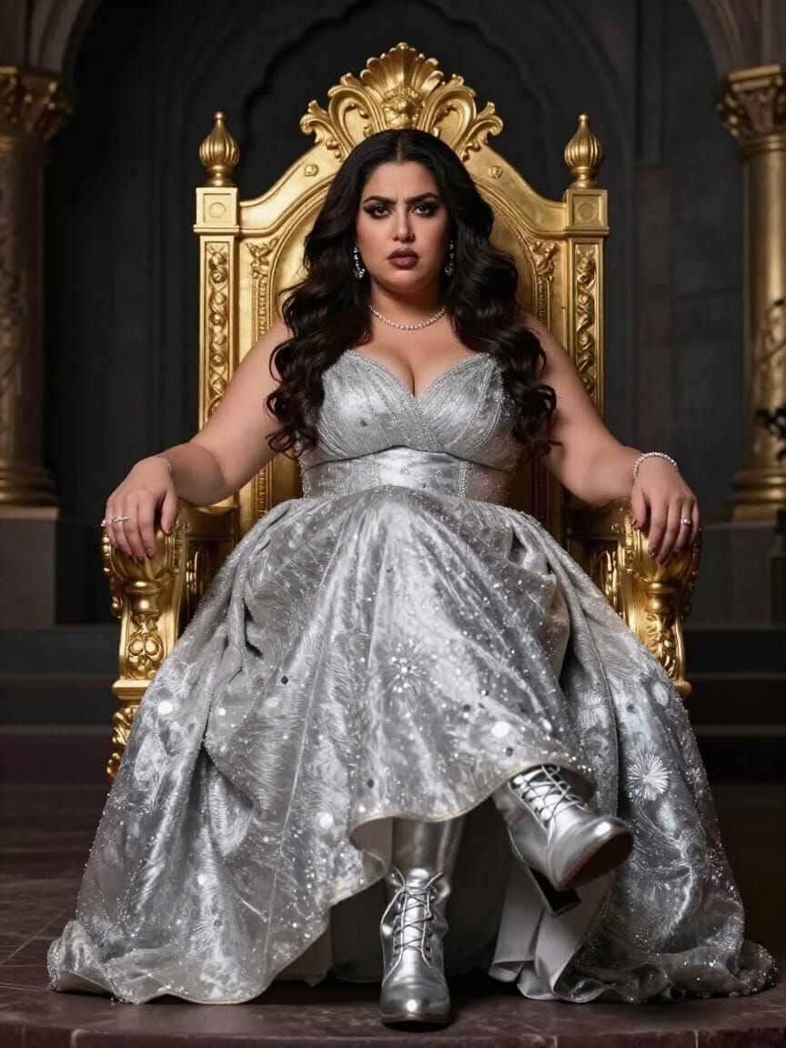 Middle Eastern Woman in Silver Gown on Golden Throne