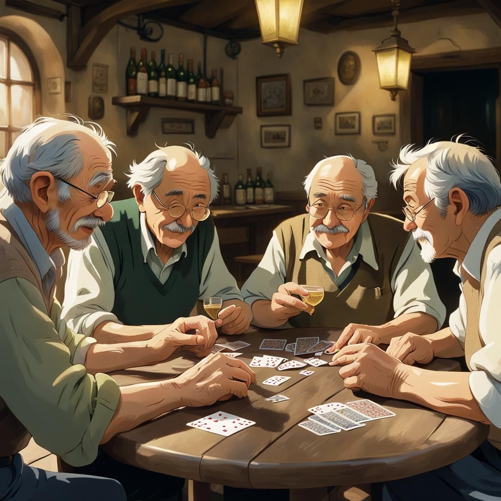 Elderly Men Playing Cards in Ghibli-Style Tavern