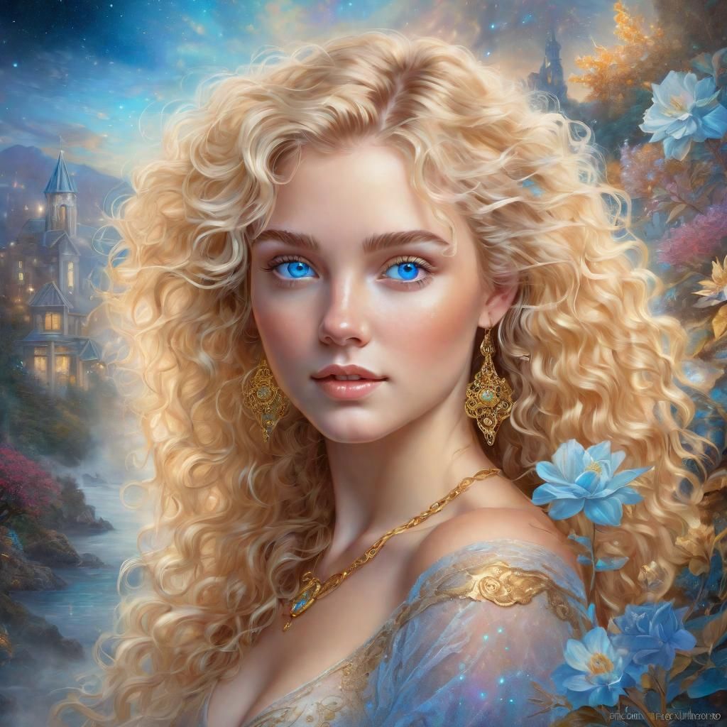 Ethereal Portrait of Woman with Flowers in Mixed Media