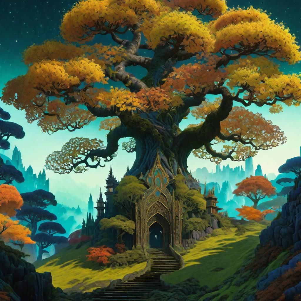 Intricate Aetherpunk Ink Art Forest Scene