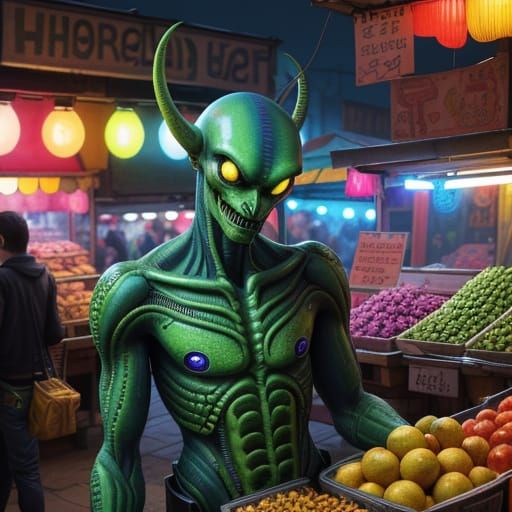 Alien Market Scene in Splash Art Style