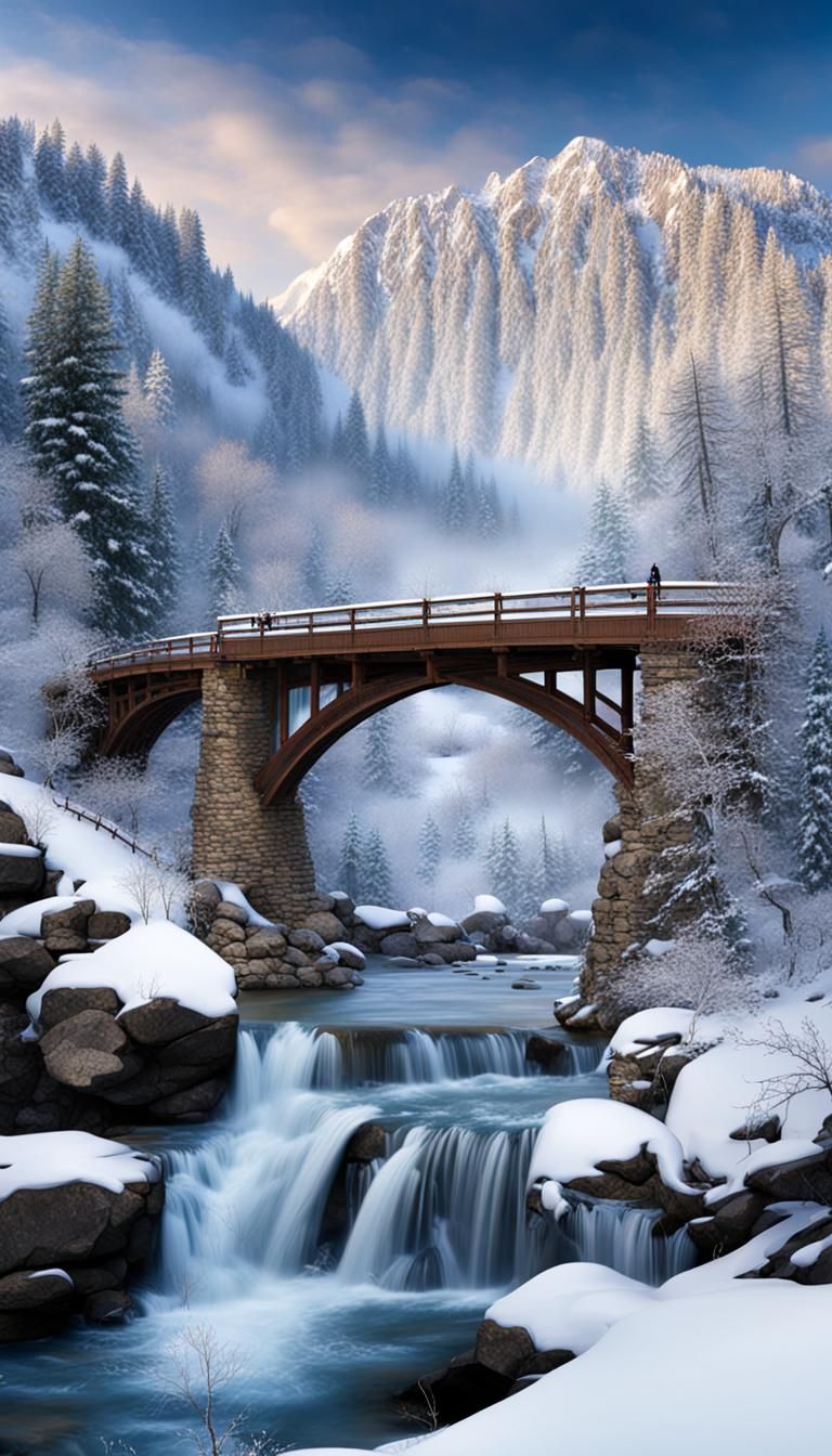 Winter Mountain Scene with River and Bridge