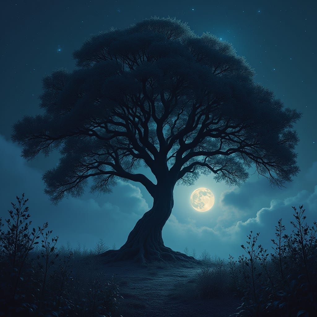 Majestic Moonlit Landscape with Ancient Tree