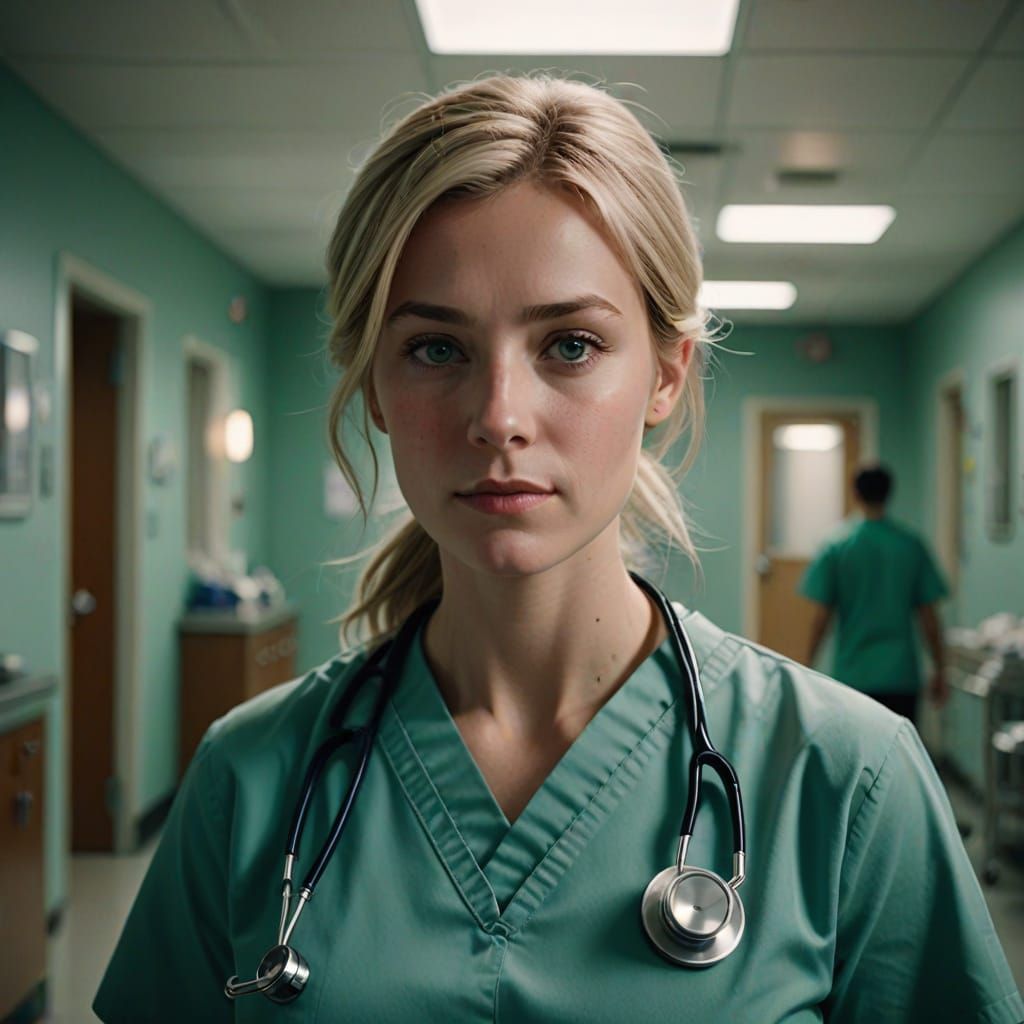 Nurse in Hospital Uniform Captured in Cinematic Film Still