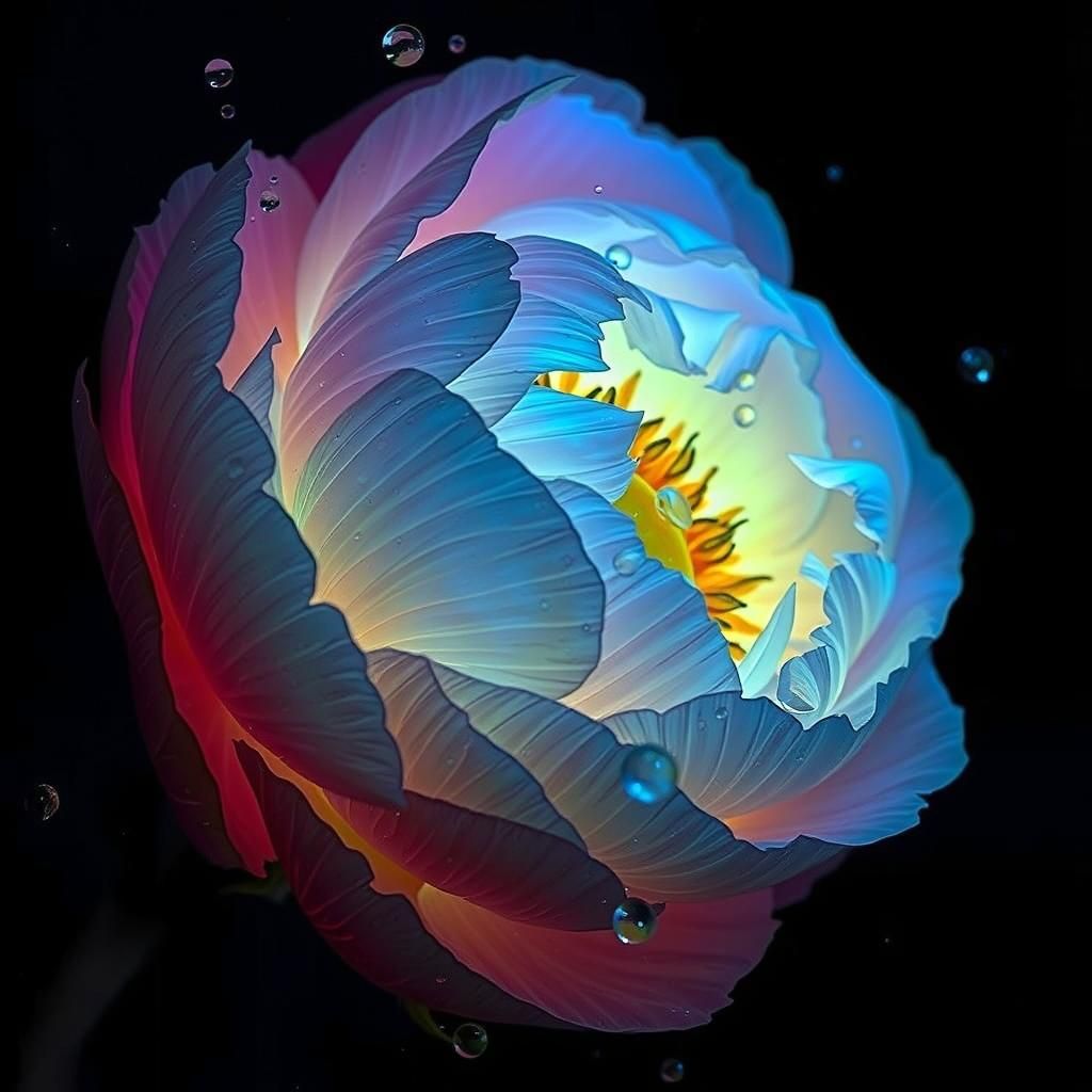 Hyperrealistic Bioluminescent Peony Flower Splash Art