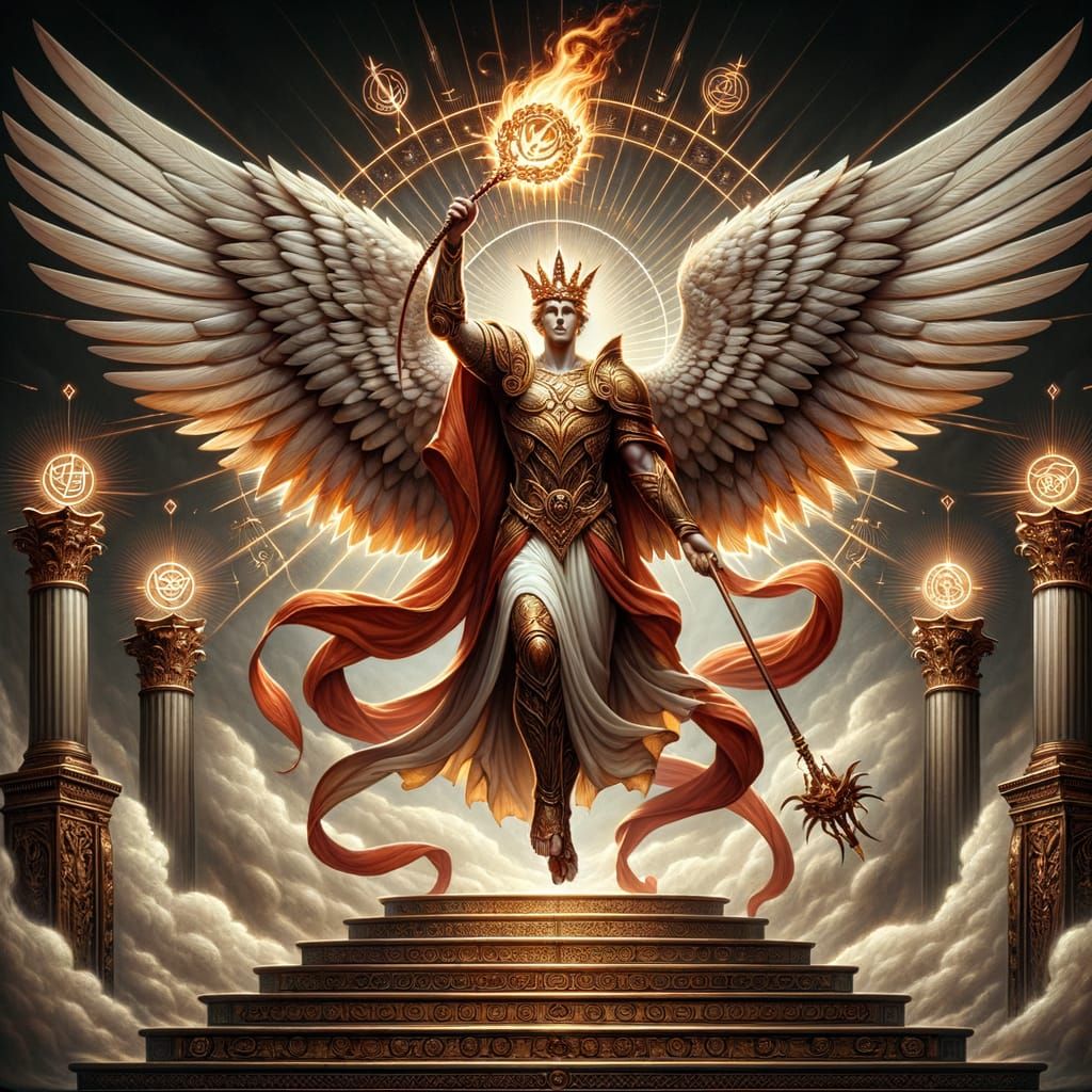 Archangel Jegudiel with Crown and Flaming Whip