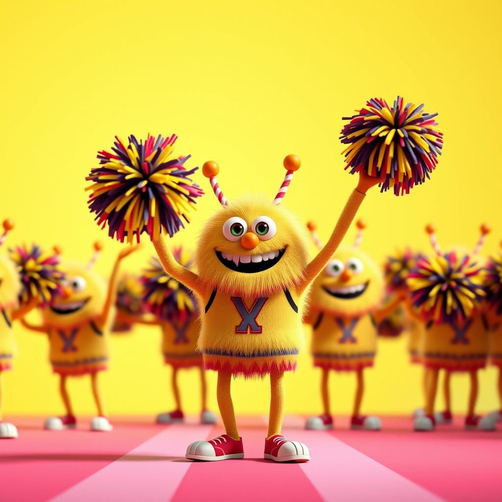 Monster Cheerleaders Waving Pompoms in Pixar Style