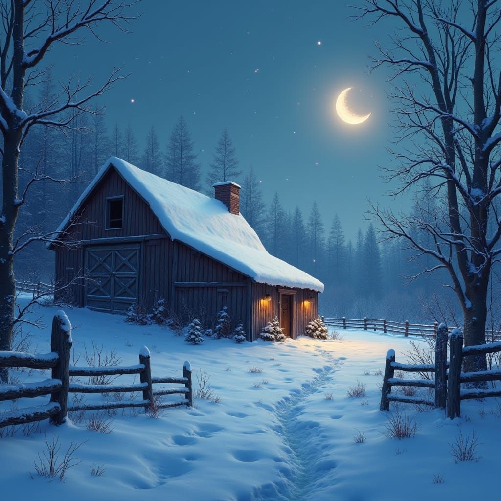 Serene Winter Barn Scene under Crescent Moon