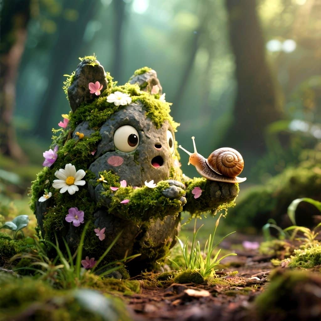 A mossy stone finds a snail