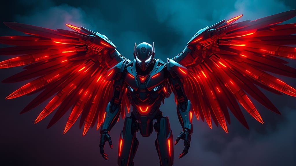 Cyberpunk Angel Spreads Wings in Neon Night