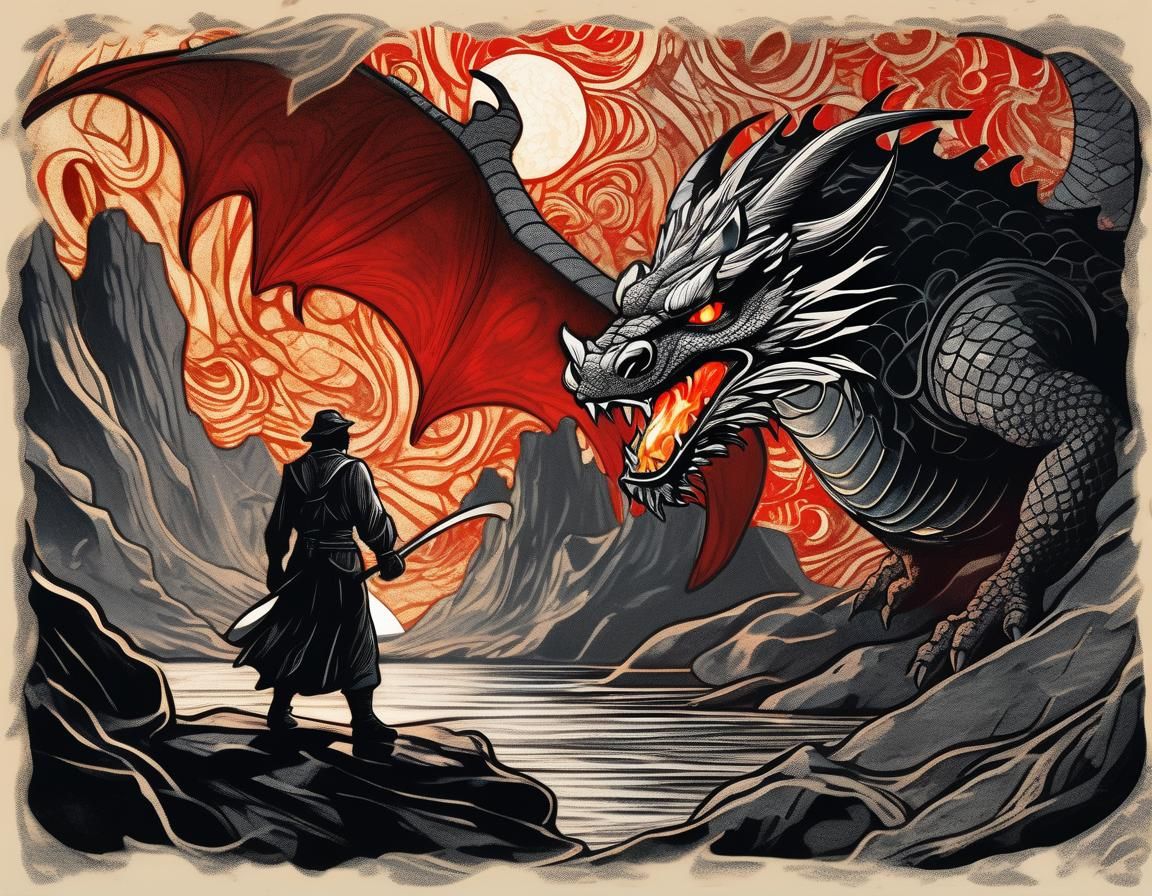 Dragon and Wizard Battle in Art Nouveau Style