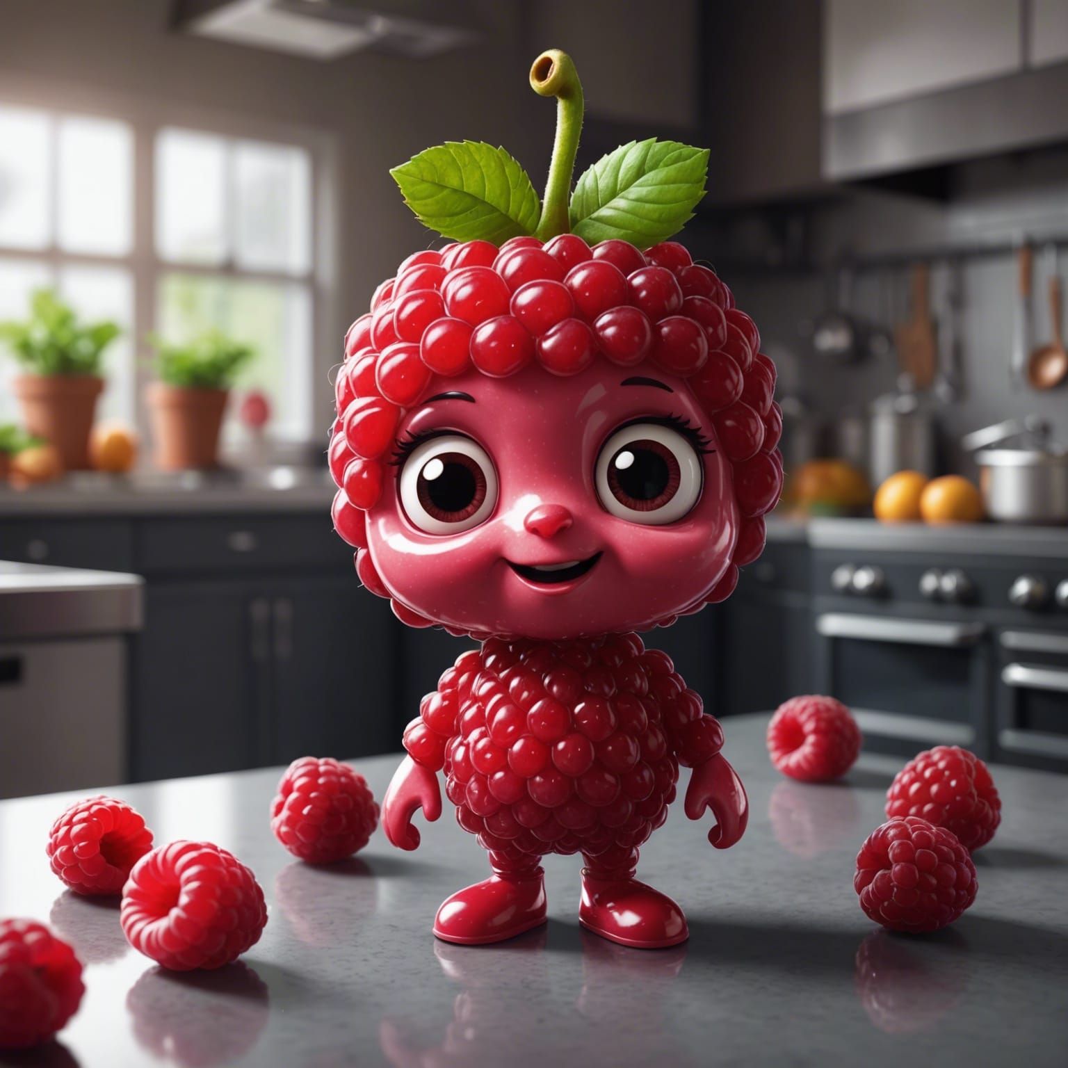 Adorable Chibi Raspberry Character in Hyperrealistic Style