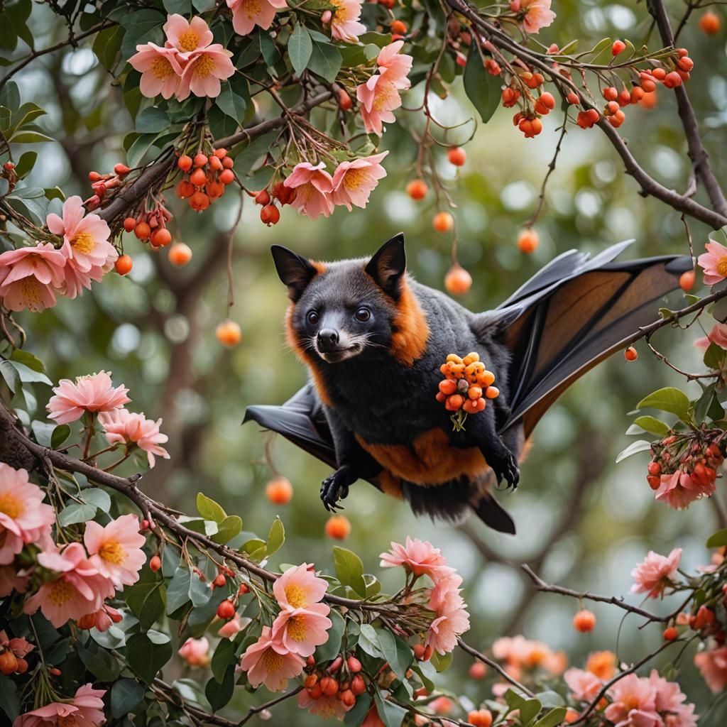Kalong Flying Fox Among Bright Flowers and Fruits