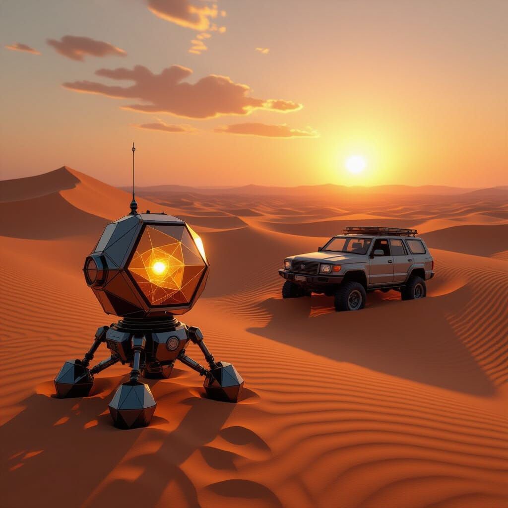 Low Poly Sand Navigator in Amber on Desert Dune Sea