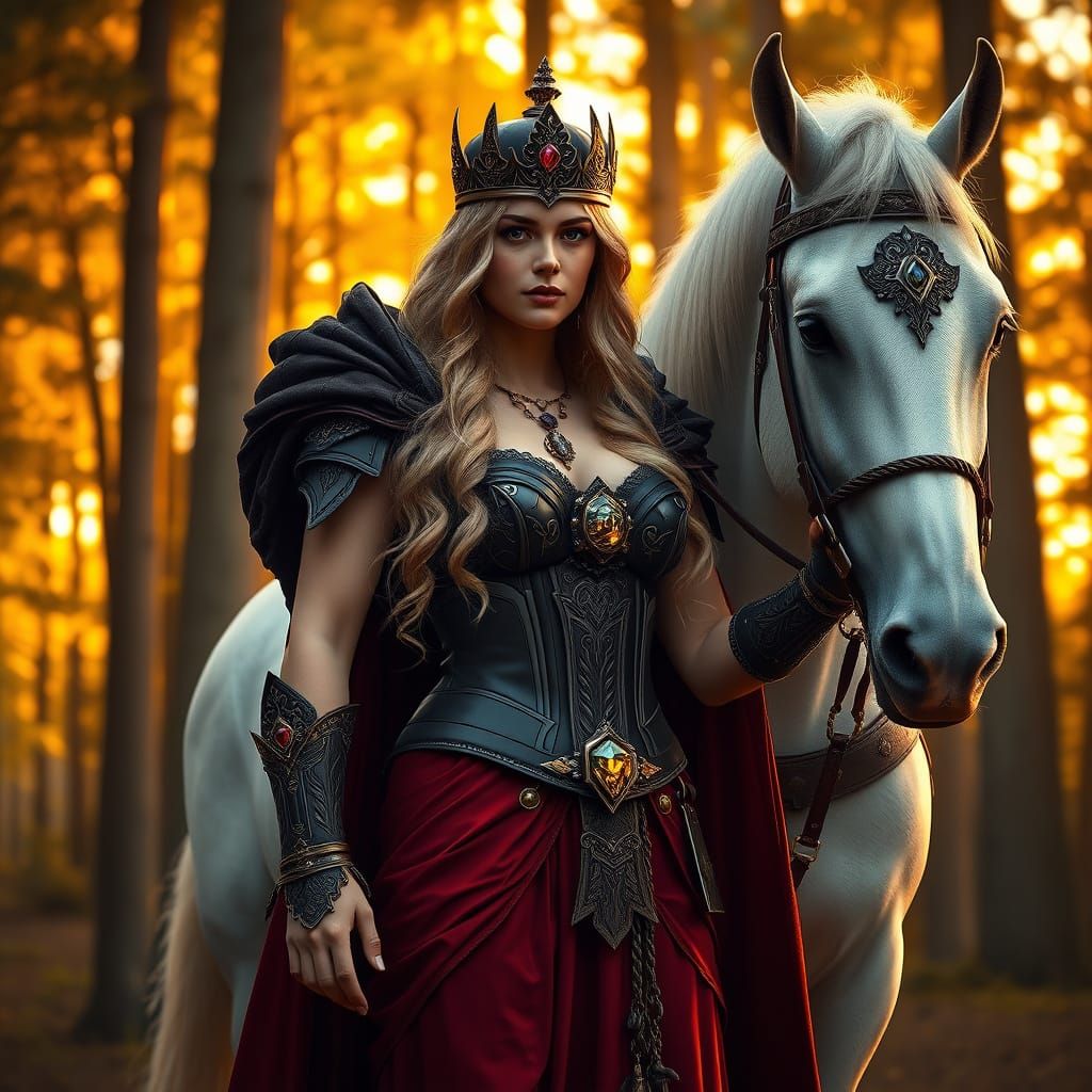 Epic Fantasy Warrior Woman with Majestic White Horse in Suns...
