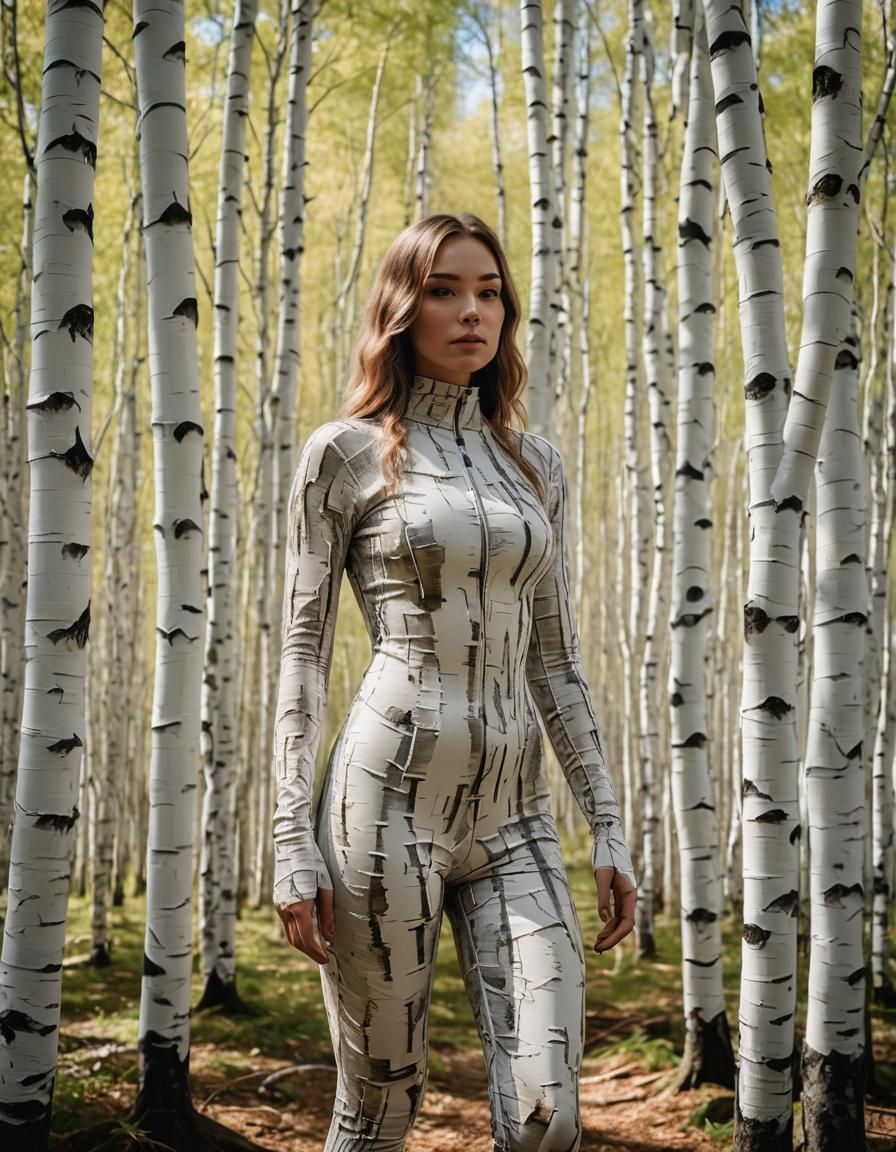 Woman in Birch Forest Zentai Bodysuit: Fine Art Photography