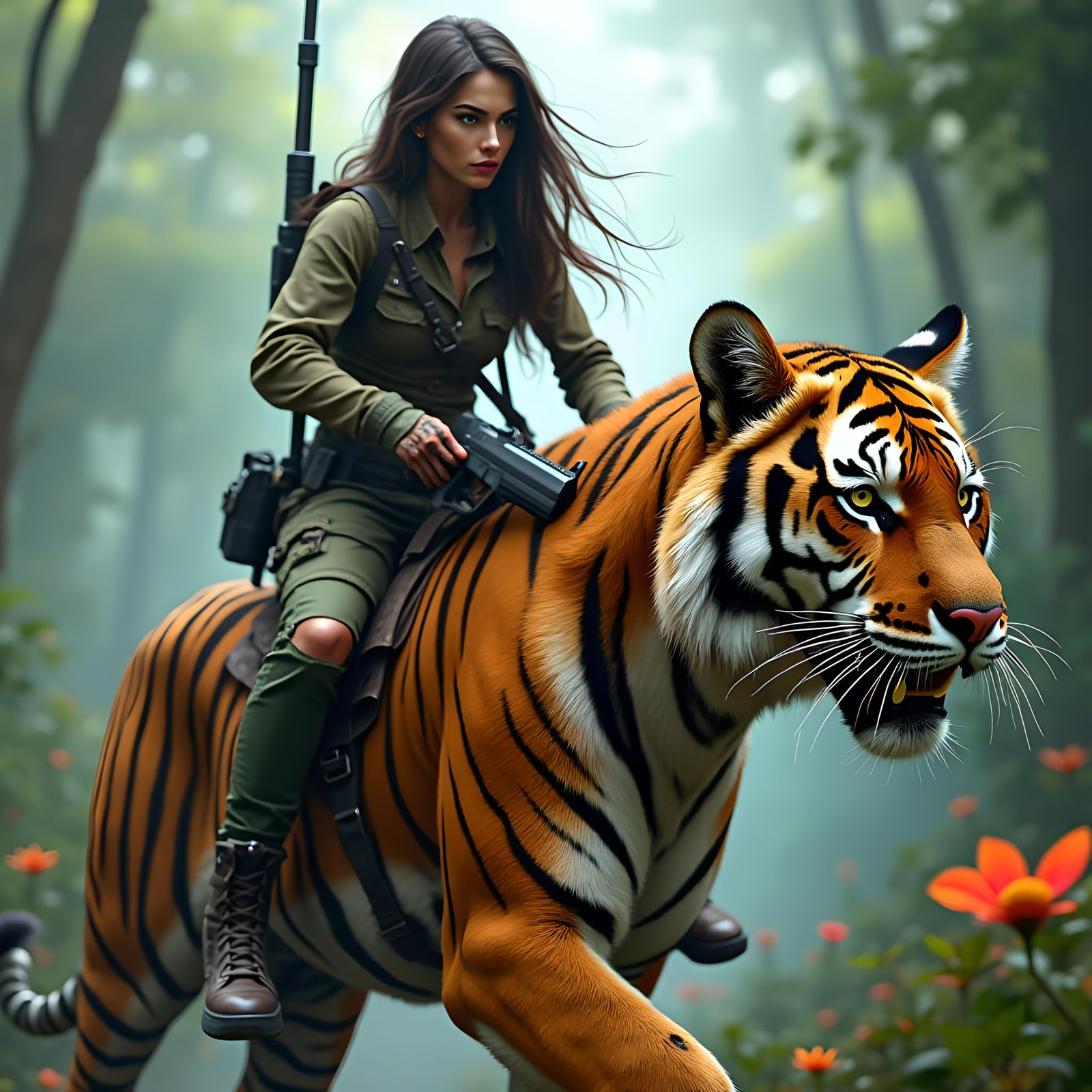 Woman Rides Tiger Through Jungle in Hyperrealistic Art