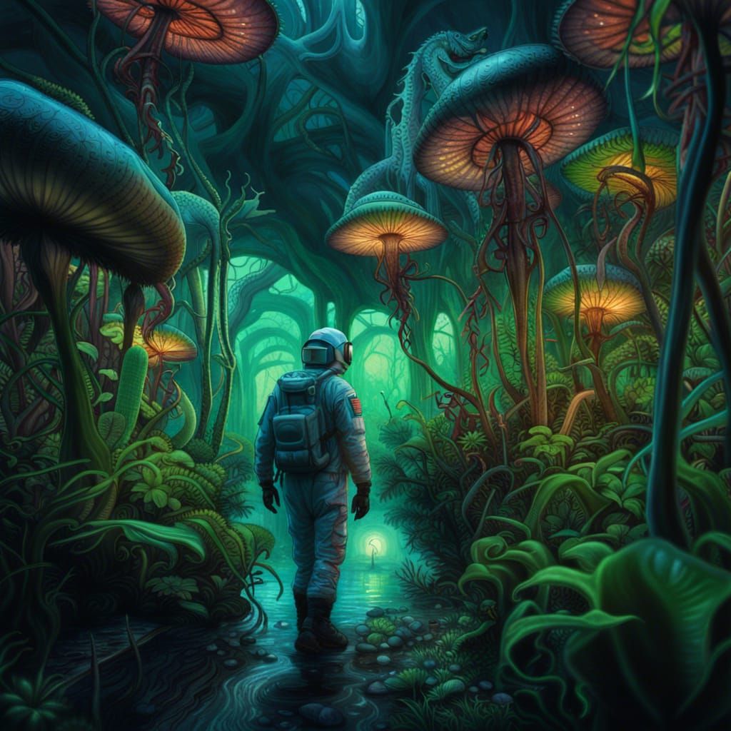 Astronaut Among Giant Bioluminescent Carnivorous Plants