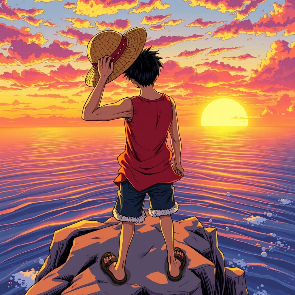 Energetic Pirate Luffy Stands Tall at Sunset