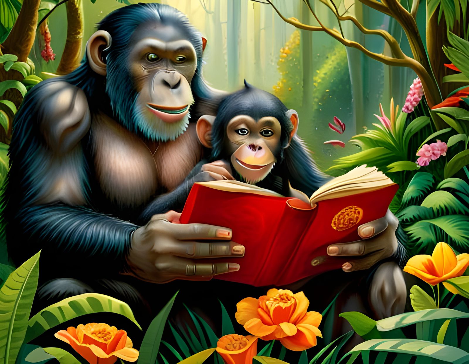 Chimpanzee Reading 'Tarzan' in Opulent Garden