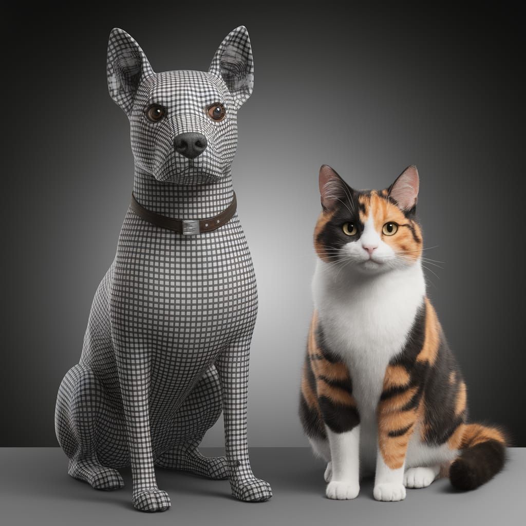 The gingham dog and the calico cat side by side at the table...