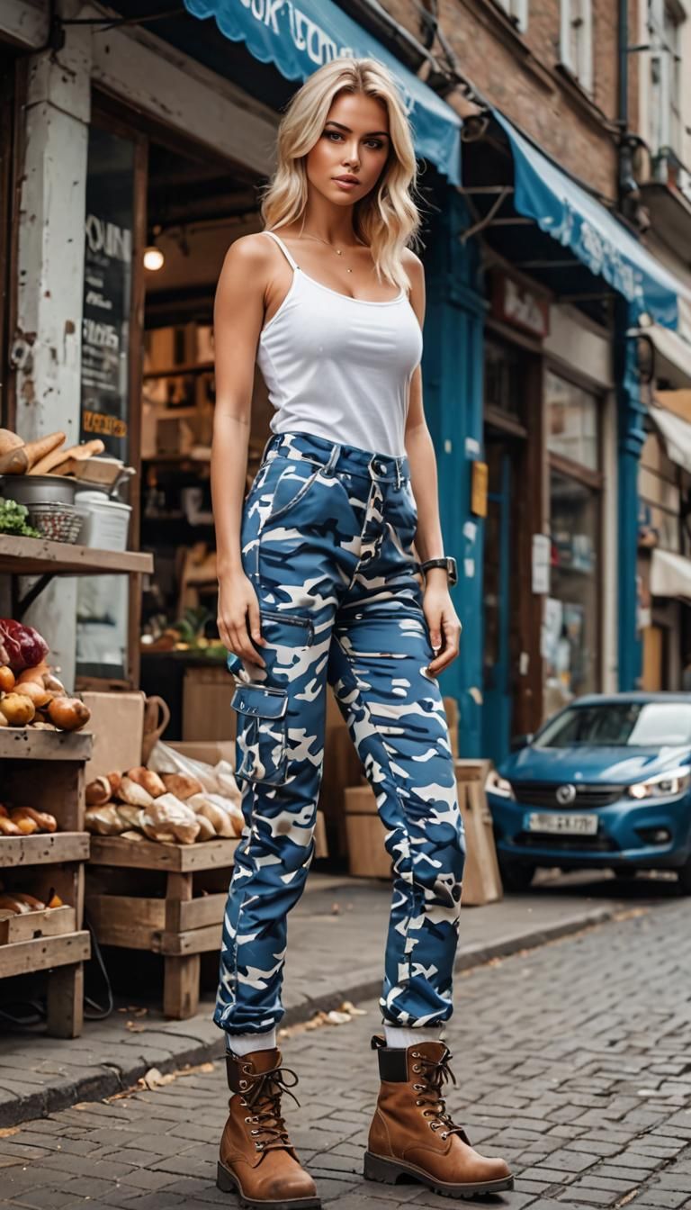 Blonde in Camisole and Camo Pants on Street