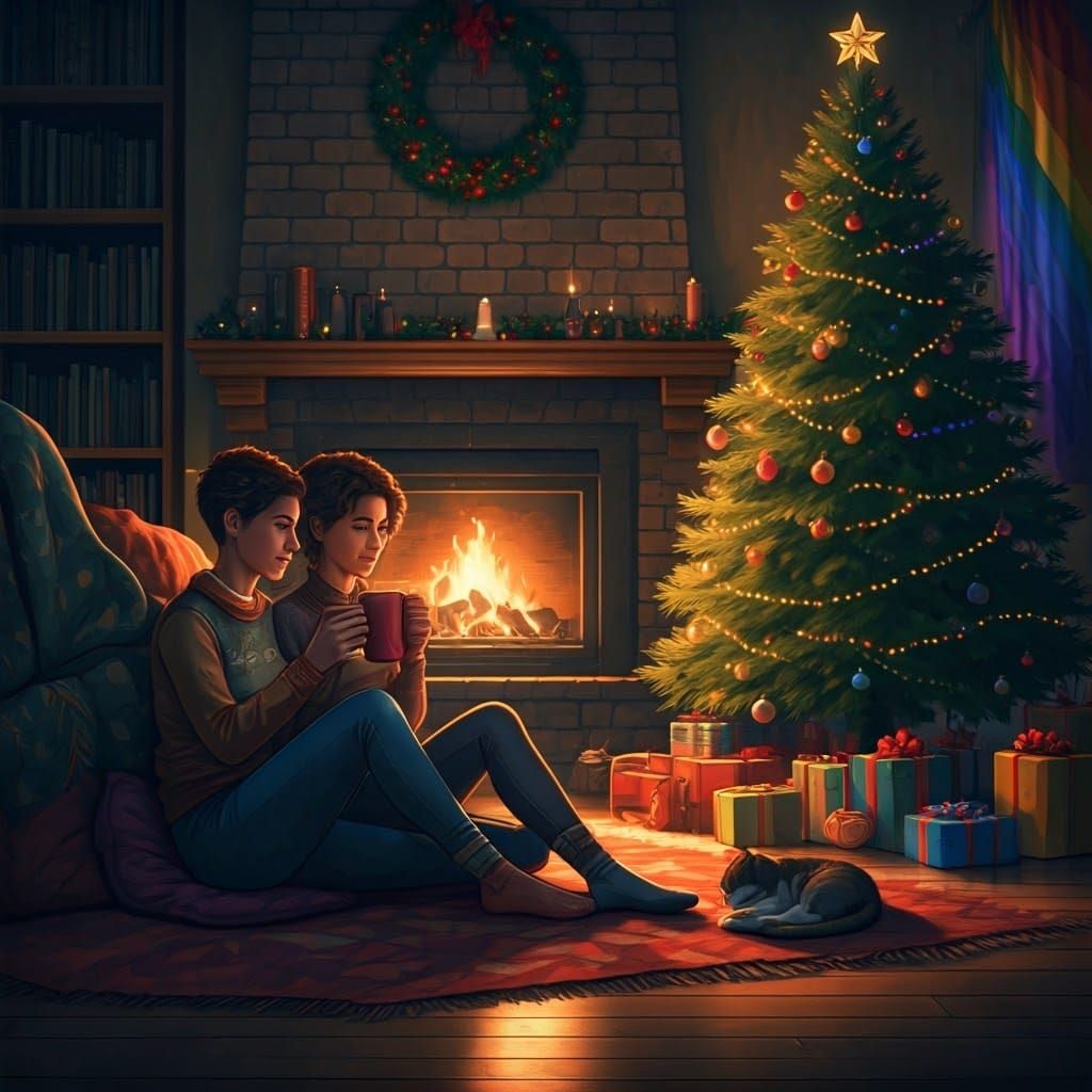 Cozy Holiday Moment with Lesbian Couple and Christmas Tree