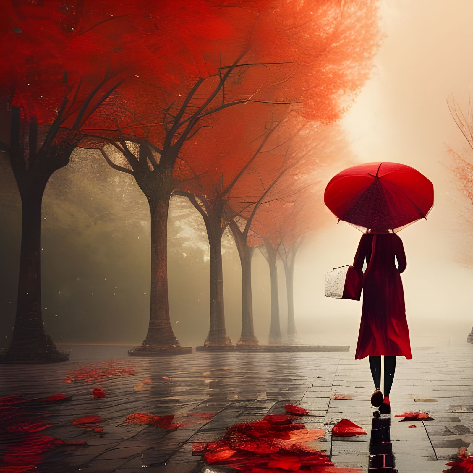 Girl with Red Umbrella in Autumn Scene