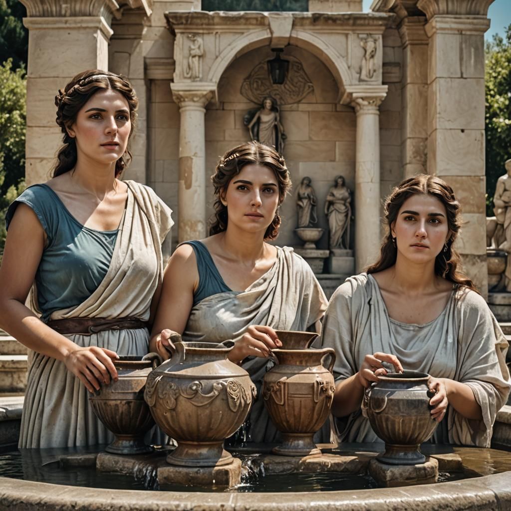 Ancient Greek Women at Fountain in Pre-Raphaelite Style