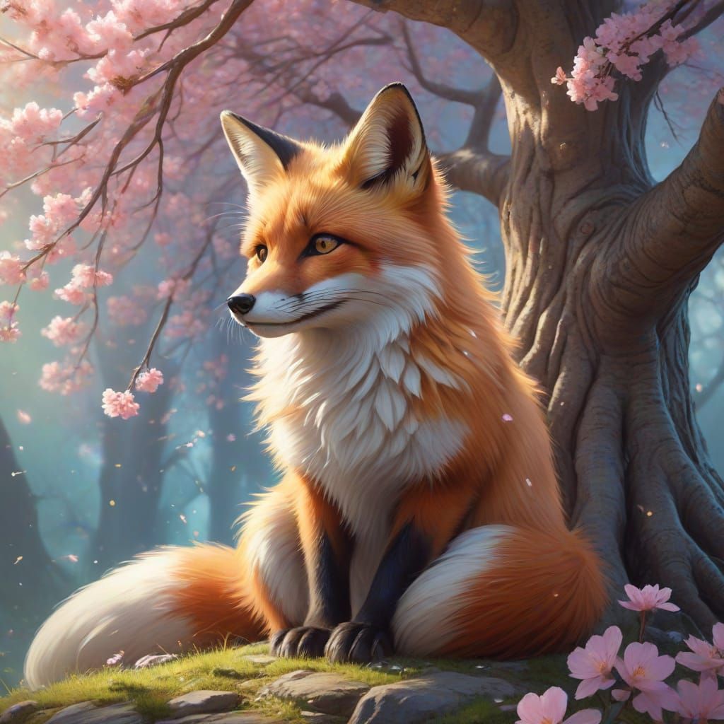 Whimsical Fantasy Scene: Fox and Magical Tree in Vibrant Blo...
