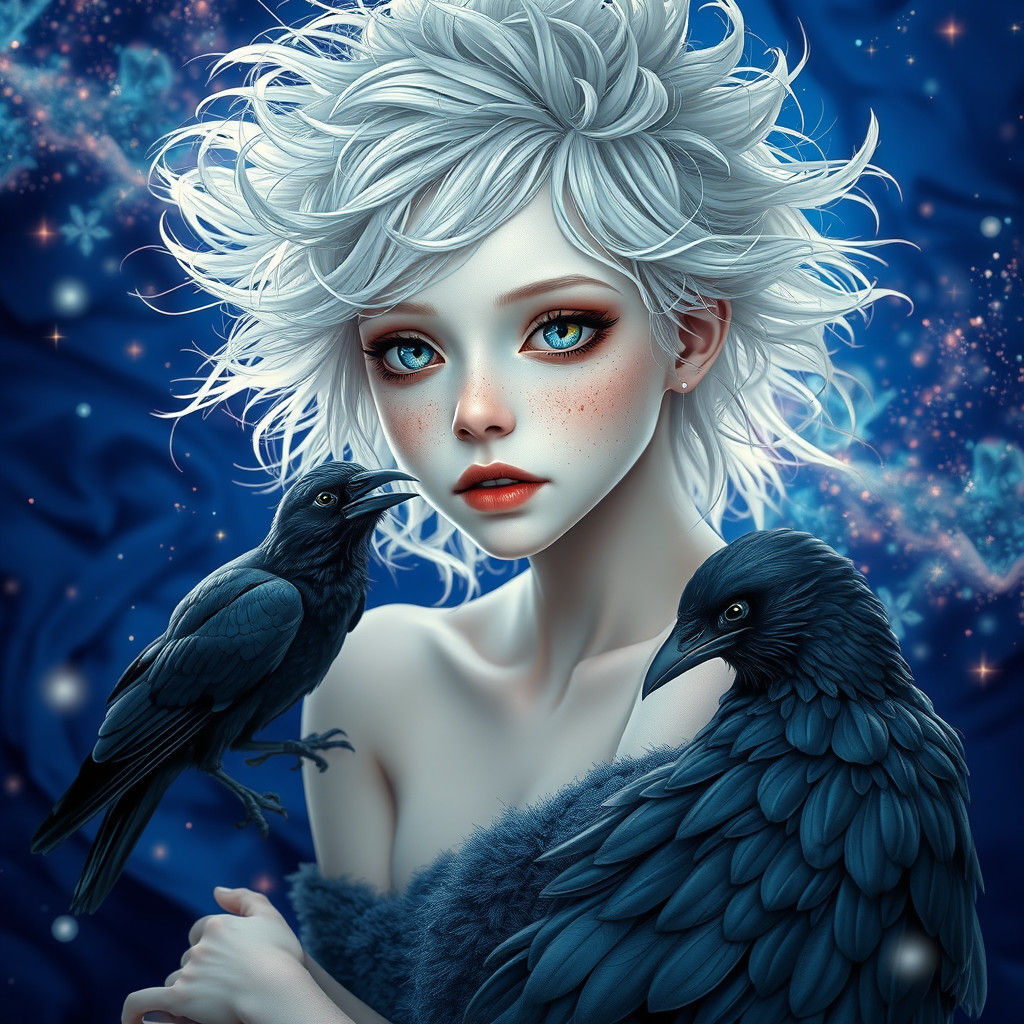 Ethereal Character with Crow in Whimsical Style