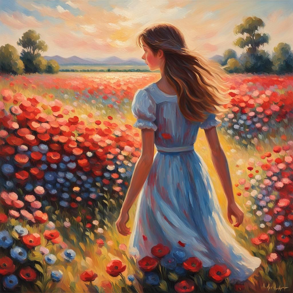 Girl in Field of Flowers: Impressionist Oil Painting