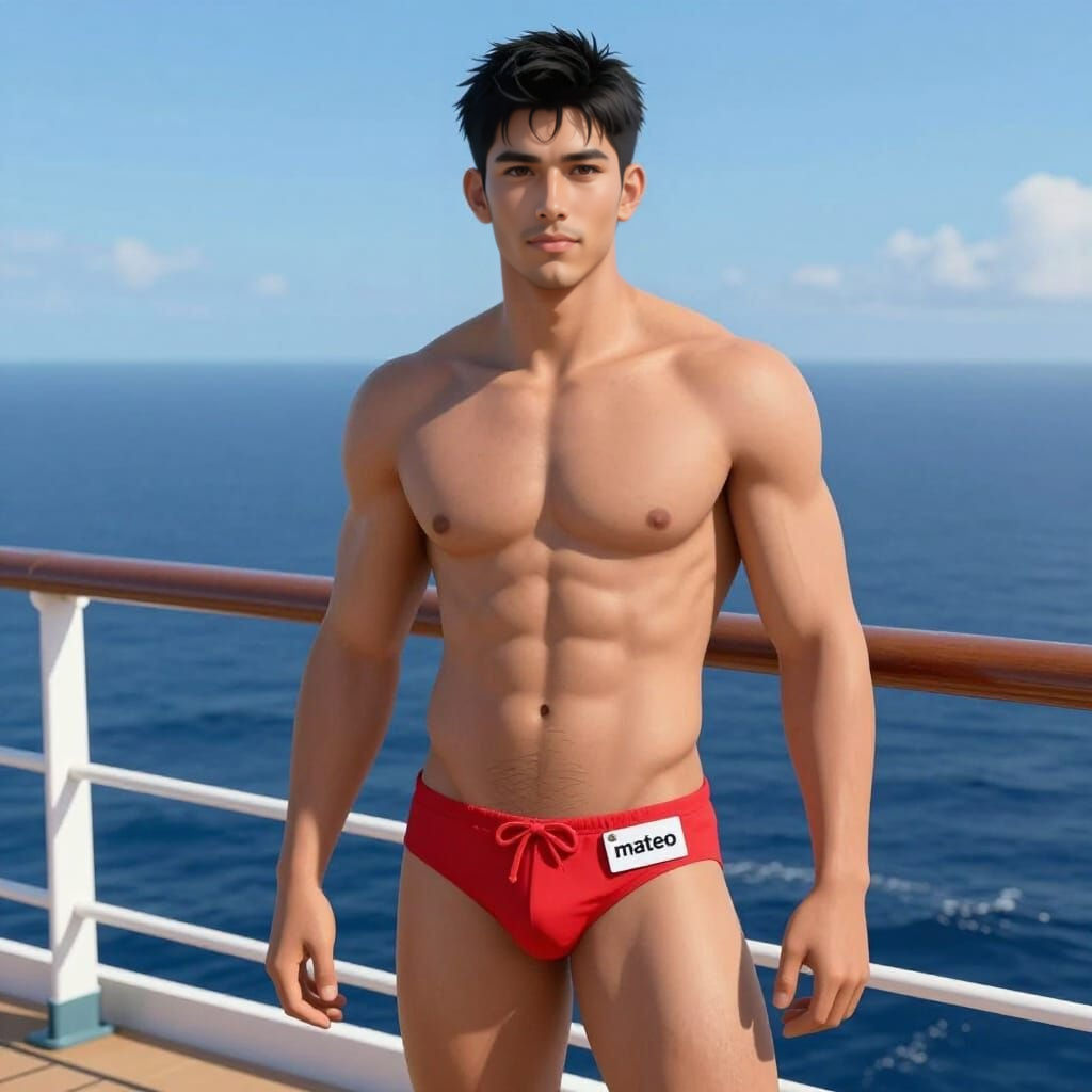 Handsome Latino Man in Red Trunks on Cruise Ship Deck