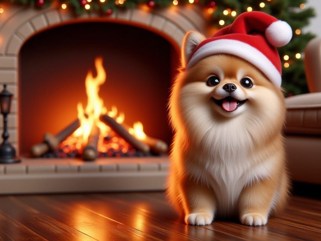 Cute Pomeranian Wears Santa Hat by the Elegant Christmas Fir...