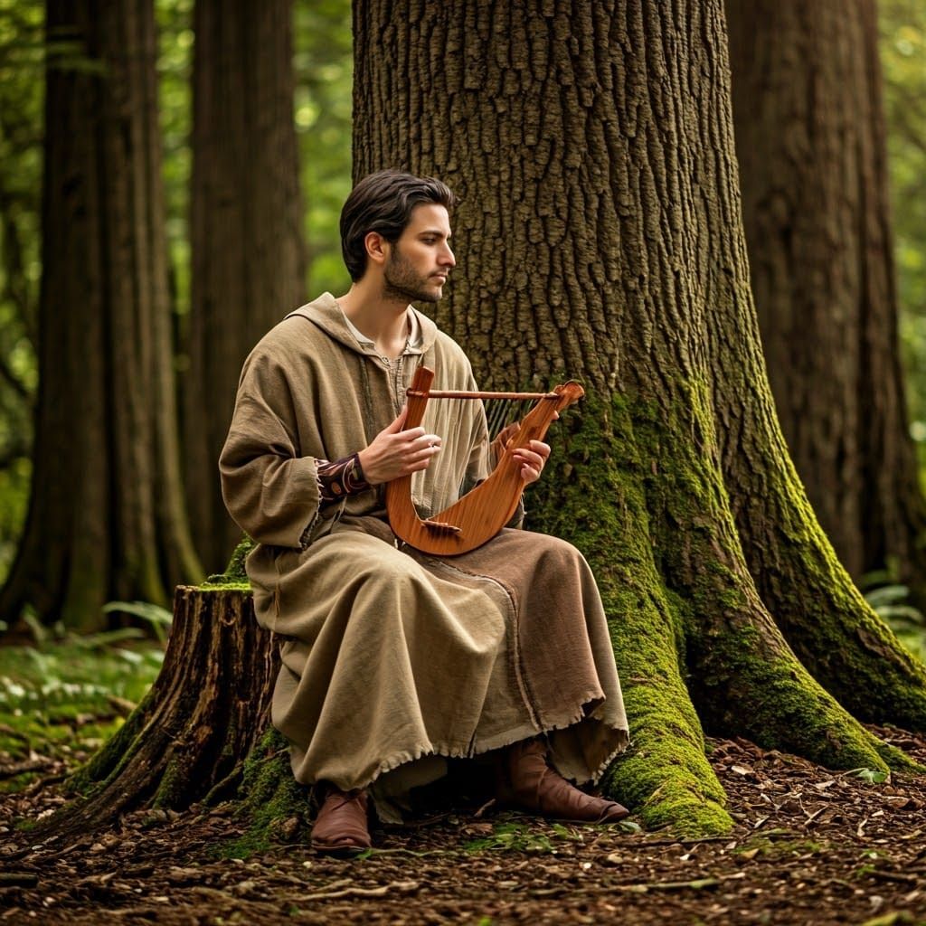Young Talmudic Scholar Plays Lyre in Ancient Forest Glade