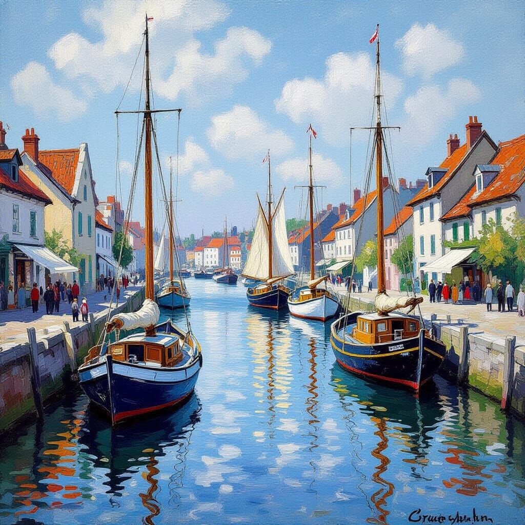 Impressionistic Harbor Scene with Sailboats and Quaint Build...