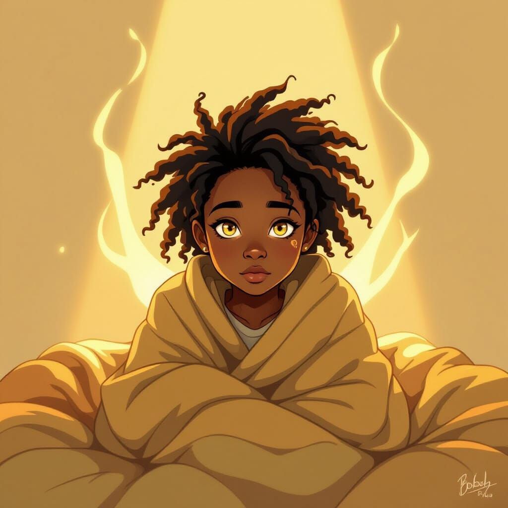 Golden-Eyed Girl Wakes from Vision, Digital Art